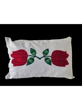Vintage Hand Embroidered Tulip Pillow Cover 25x16 Red Green Folk Art Handmade